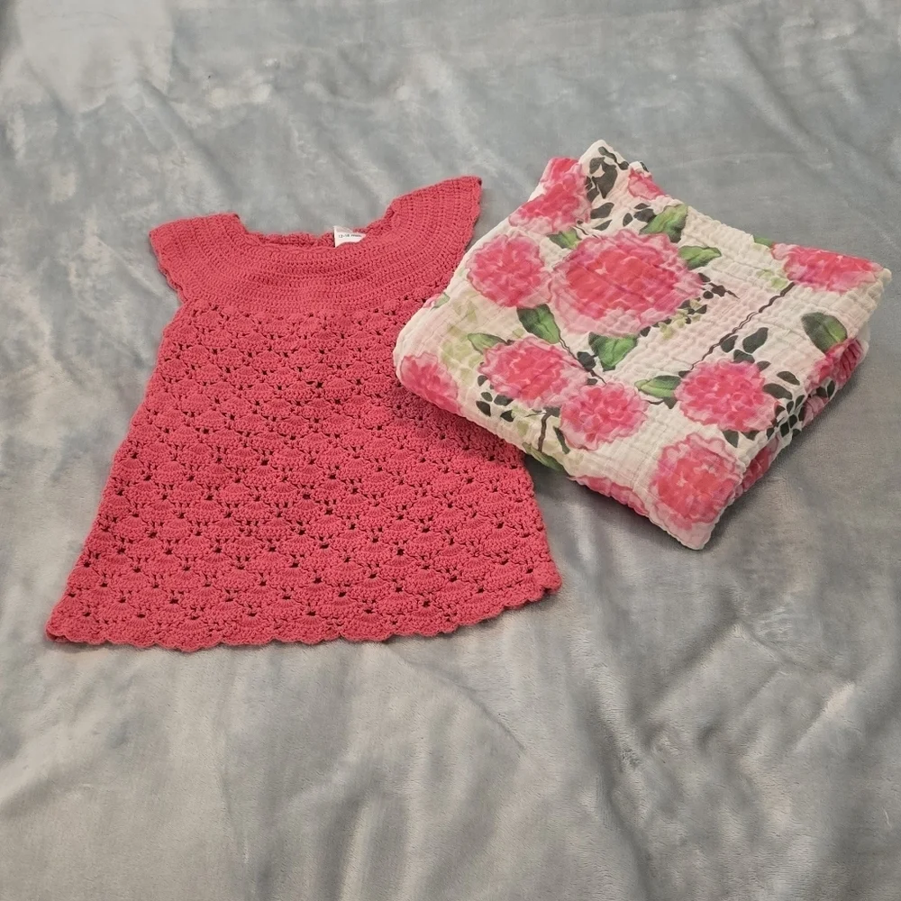 Gymboree Coral Crochet Baby Dress And Floral Cotton Blanket (1028)